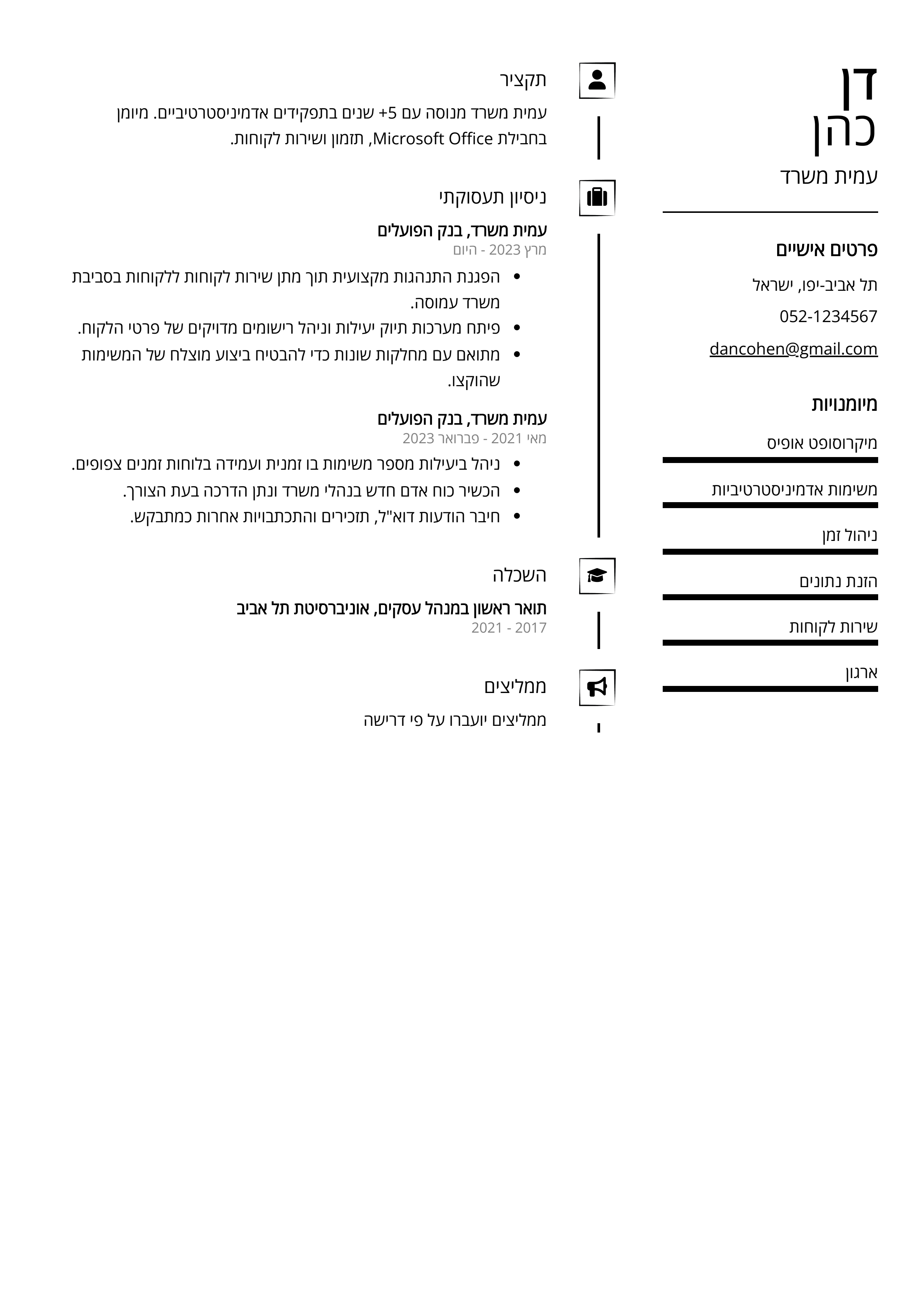 Sure, here's the translation of "עמית משרד CV Example" to Hebrew: "דוגמה לקורות חיים של עמית משרד".